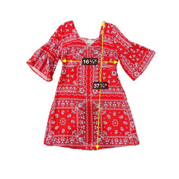 Skies are Blue Red Blue Boho Floral Print Dress Bell Sleeves Size Large - Picture 8 of 10